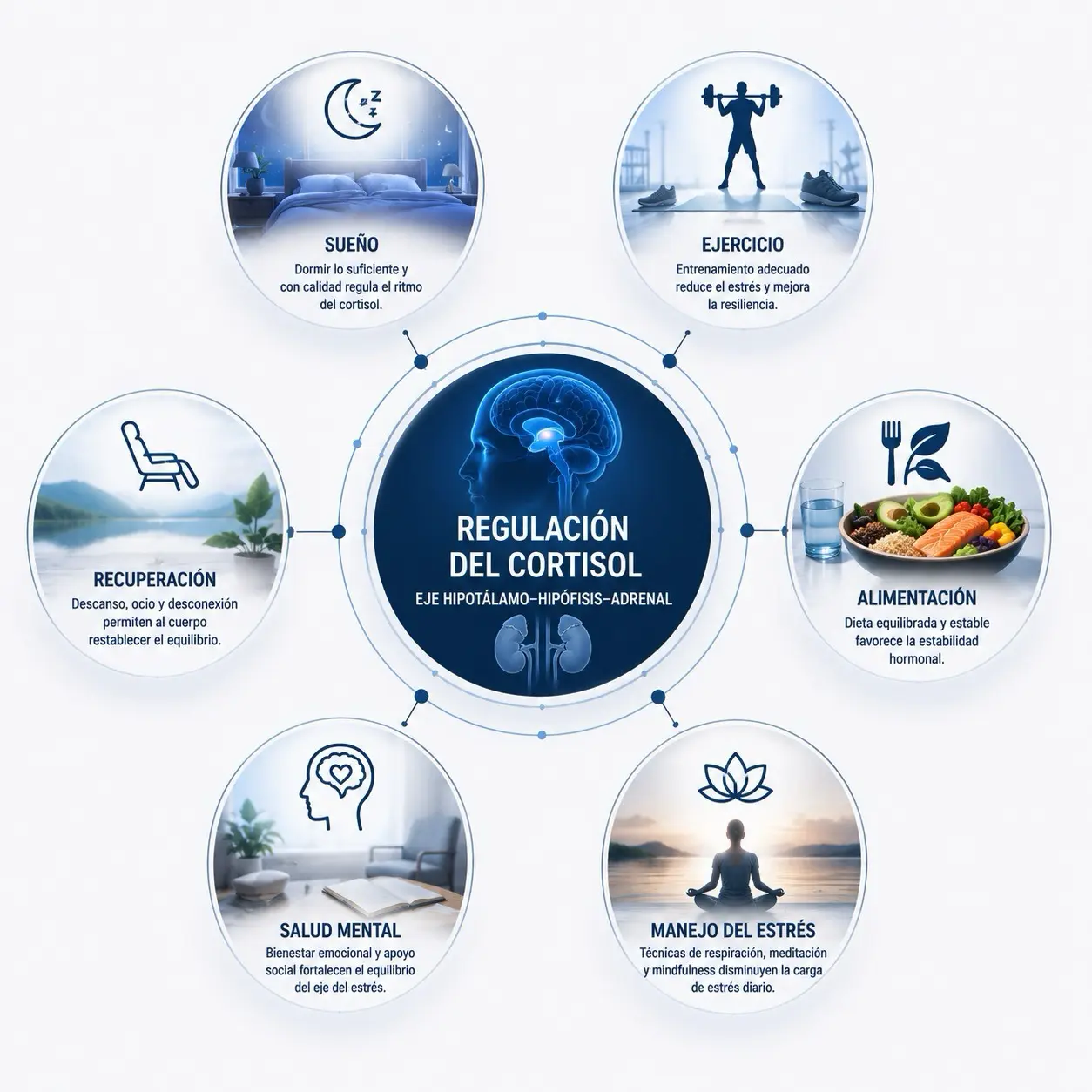 Diagrama radial de regulacion natural del cortisol con sueño, ejercicio, alimentacion, recuperacion, salud mental y manejo del estres