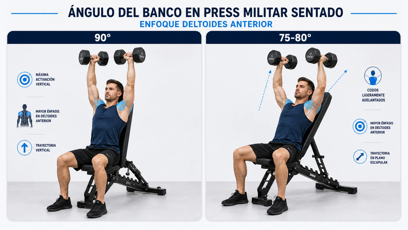 Imagen técnica sobre banco 90 vs 75 80 press militar sentado