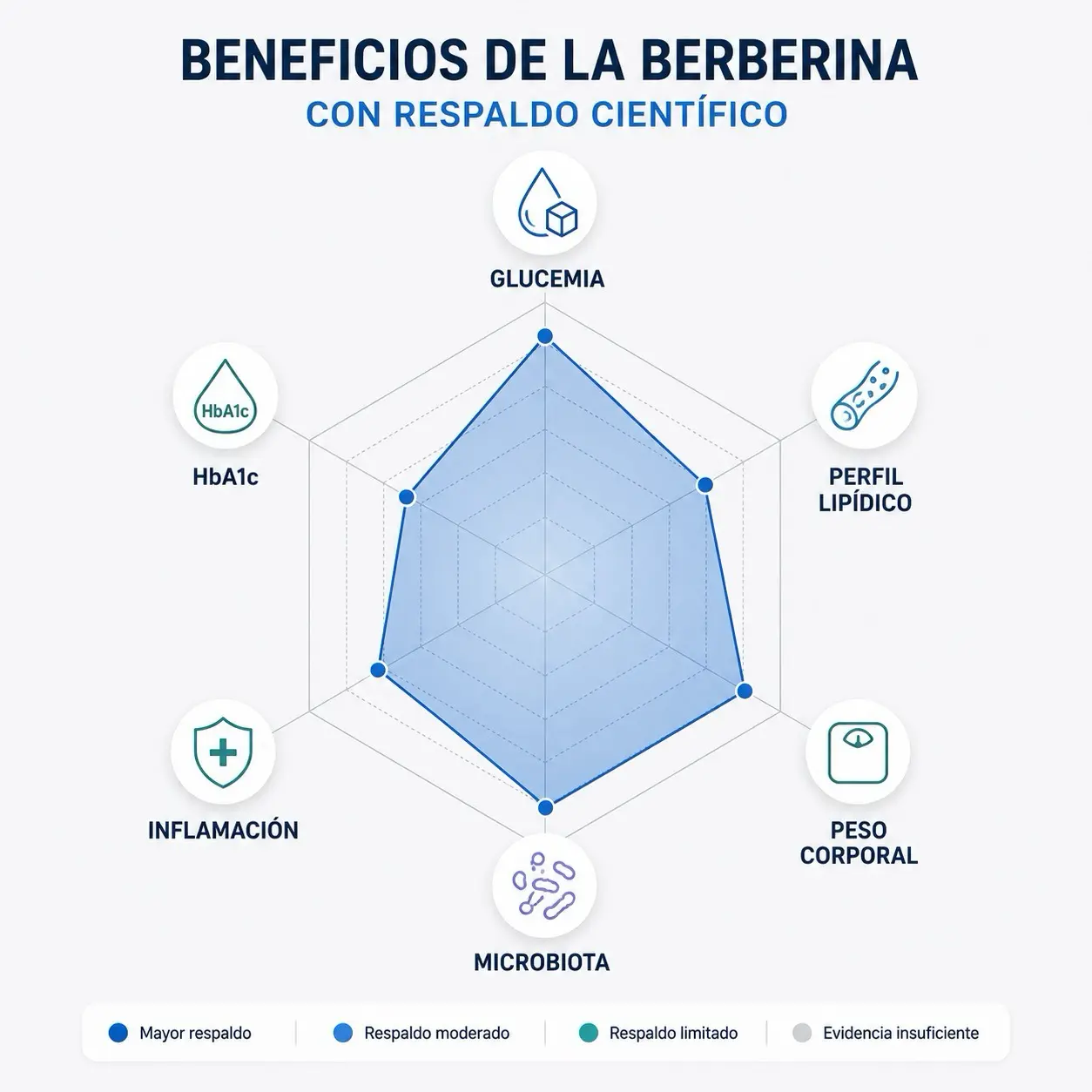 Radar cientifico de beneficios de la berberina sobre glucemia, HbA1c, perfil lipidico, peso corporal, inflamacion y microbiota