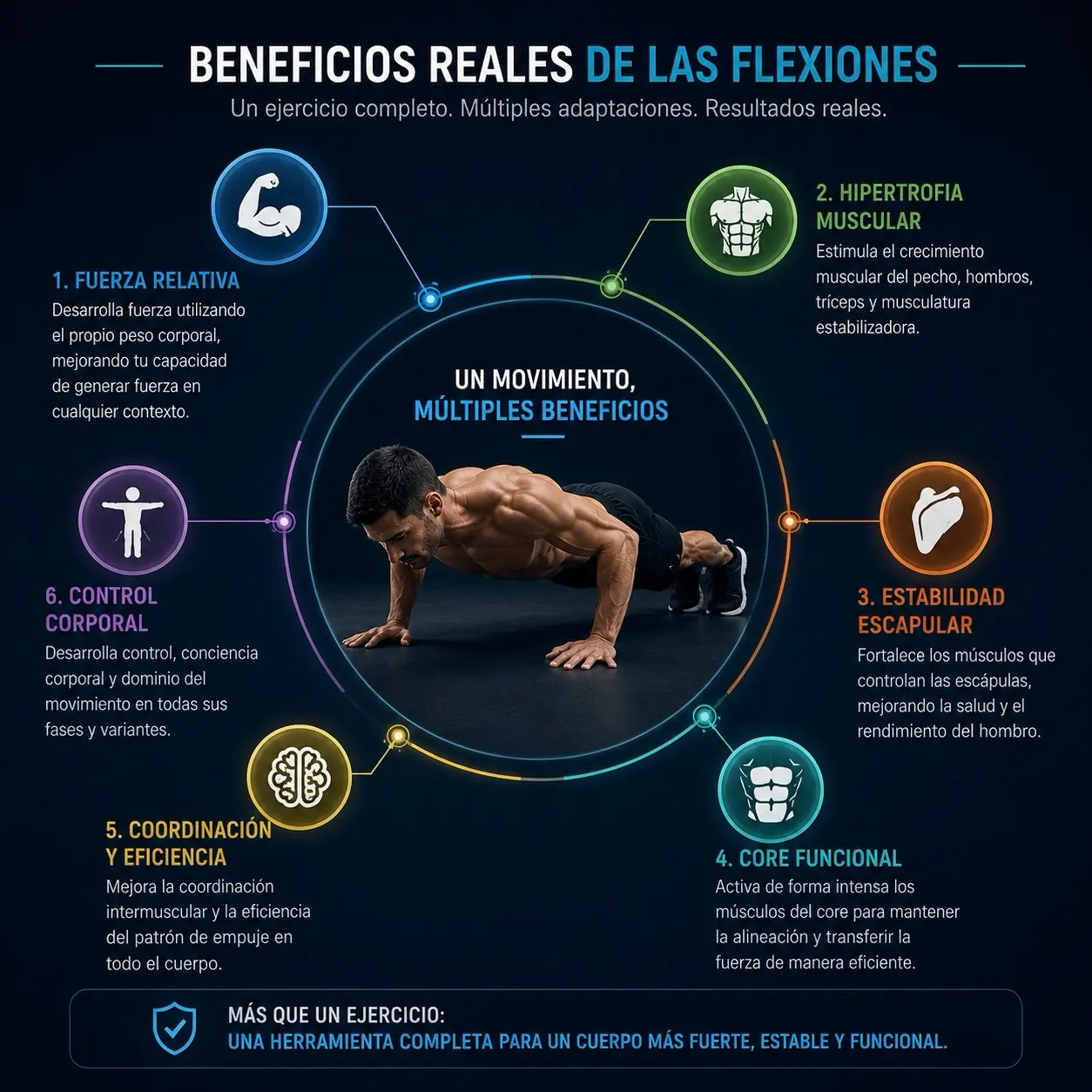 Diagrama radial de beneficios reales de las flexiones como fuerza relativa, hipertrofia, estabilidad escapular, core funcional, coordinacion y control corporal