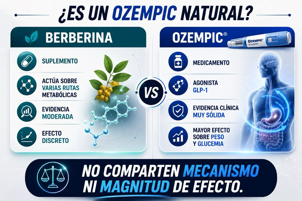 Comparativa editorial entre berberina y Ozempic mostrando diferencias entre suplemento y medicamento, rutas metabolicas, evidencia y magnitud de efecto