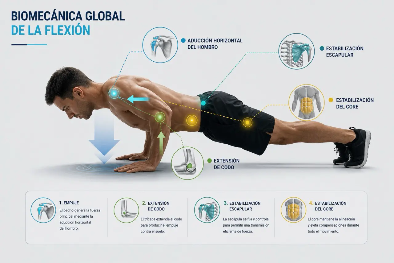 Diagrama biomecanico de una flexion con vectores de aduccion horizontal del hombro, extension de codo, estabilizacion escapular y estabilizacion del core