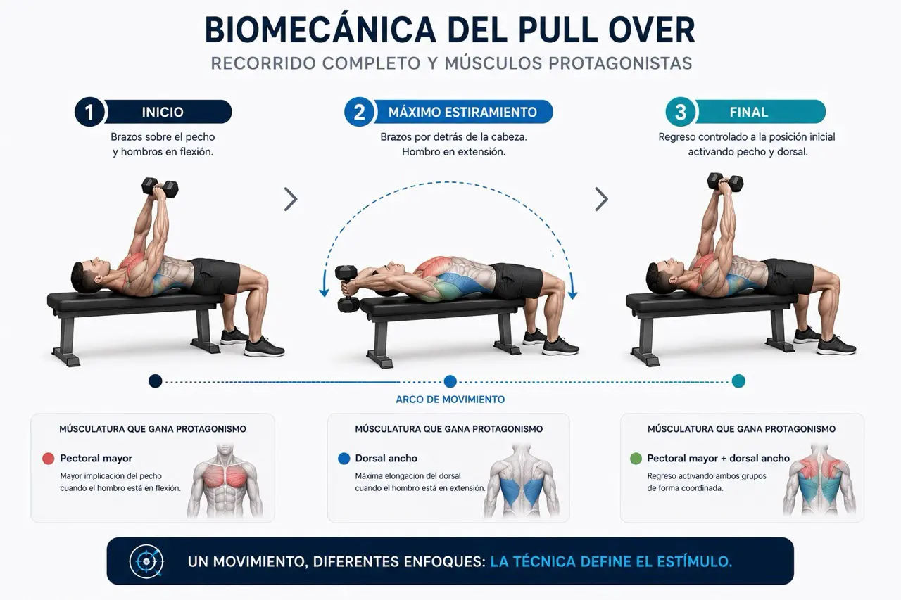 Secuencia biomecanica del pull over con posicion inicial, maximo estiramiento y posicion final, flechas de recorrido y arco de movimiento