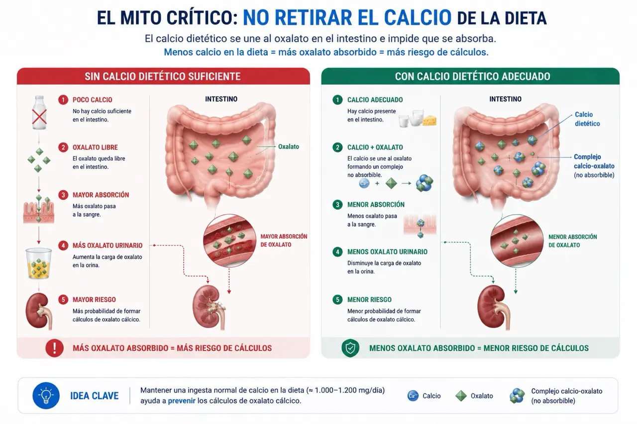 Infografia que explica por que no hay que retirar el calcio dietetico en calculos de oxalato calcico y como el calcio se une al oxalato en el intestino