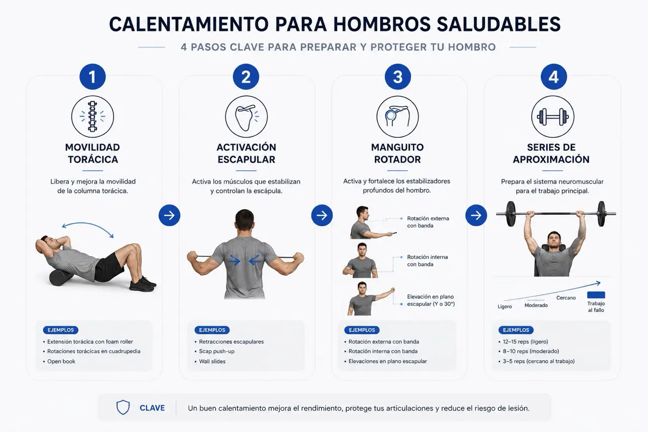 Diagrama paso a paso de calentamiento para la salud articular del hombro