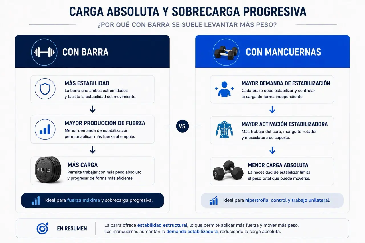 Diagrama comparativo de barra y mancuernas mostrando como la estabilidad facilita mayor produccion de fuerza, mas carga y sobrecarga progresiva