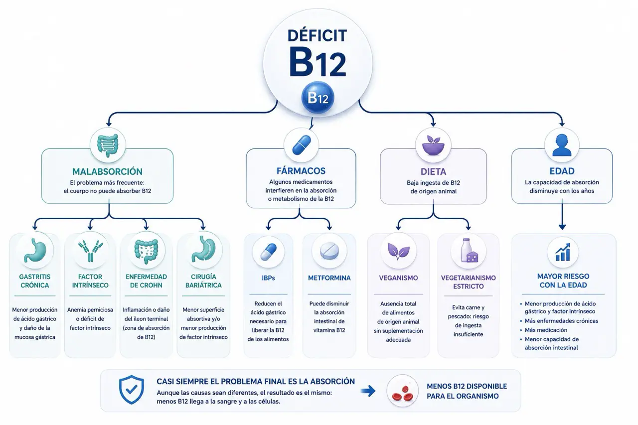 Arbol de causas del deficit de vitamina B12 con malabsorcion, gastritis, factor intrinseco, Crohn, cirugia bariatrica, farmacos, dieta y edad