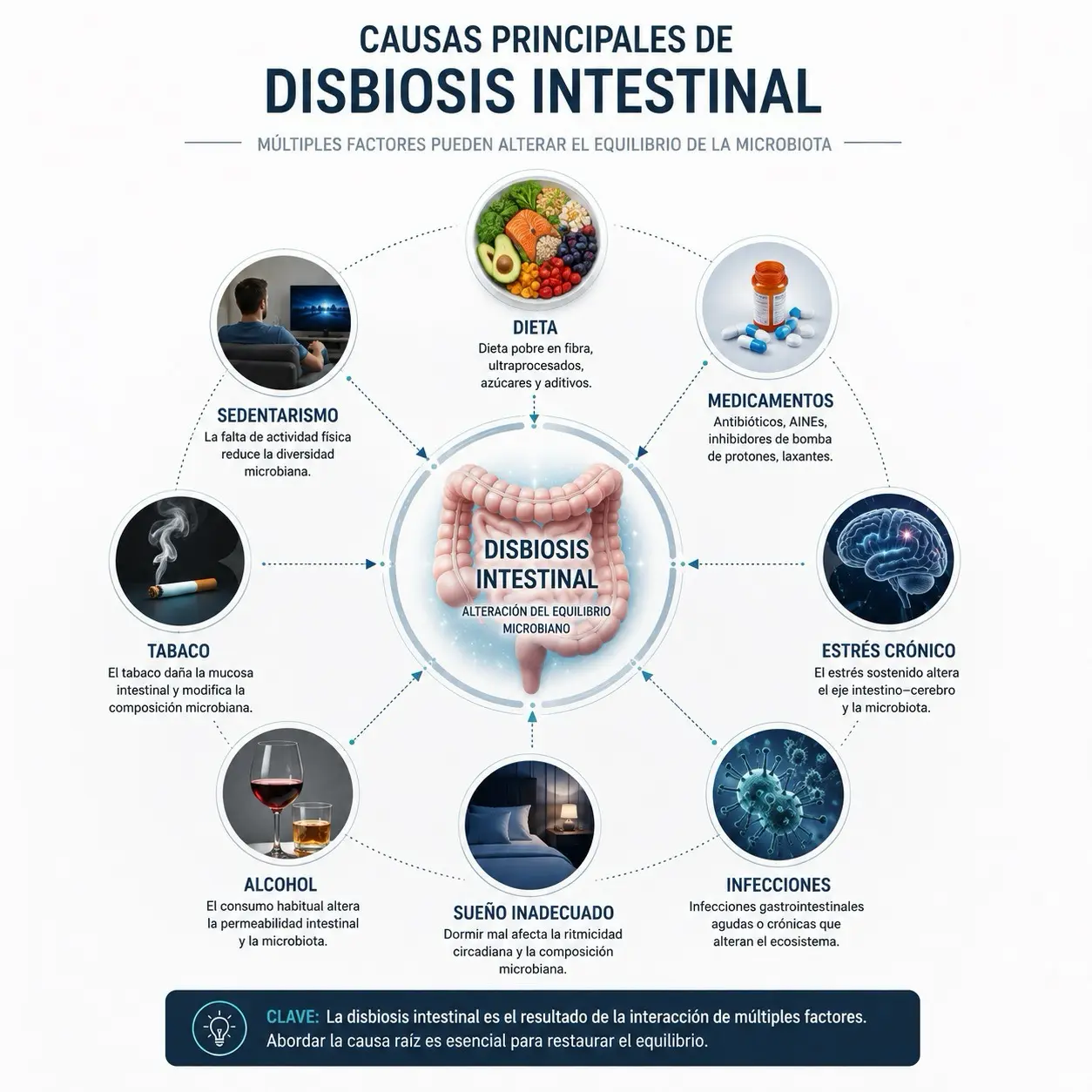 Diagrama radial de causas de disbiosis intestinal con dieta, medicamentos, estres, infecciones, sueño, alcohol, tabaco y sedentarismo alrededor del intestino