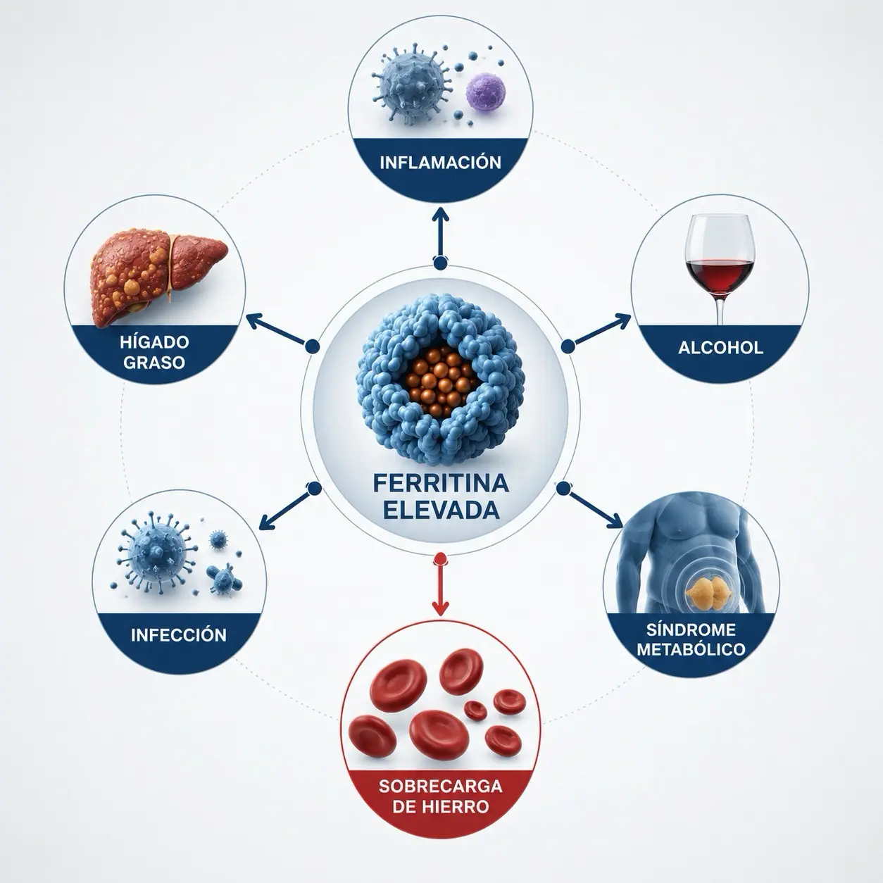 Diagrama radial con causas frecuentes de ferritina alta inflamación hígado graso alcohol síndrome metabólico infección y sobrecarga de hierro