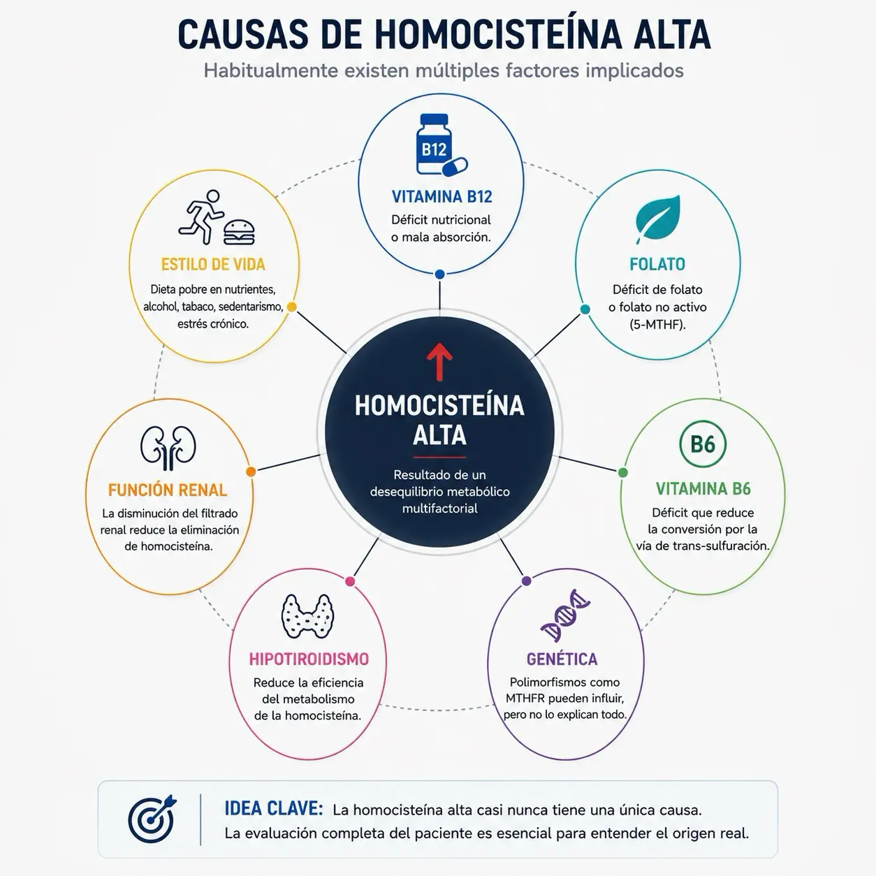 Infografia radial de causas de homocisteina alta con vitamina B12, folato, vitamina B6, riñon, genetica, hipotiroidismo y estilo de vida