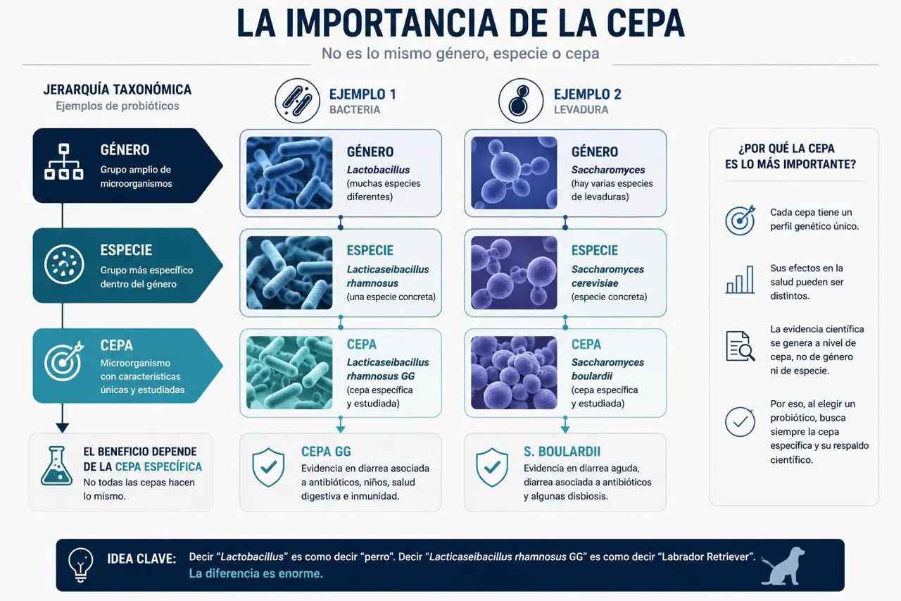Arbol taxonomico simplificado de probioticos que muestra la jerarquia genero, especie y cepa usando Lacticaseibacillus rhamnosus GG como ejemplo