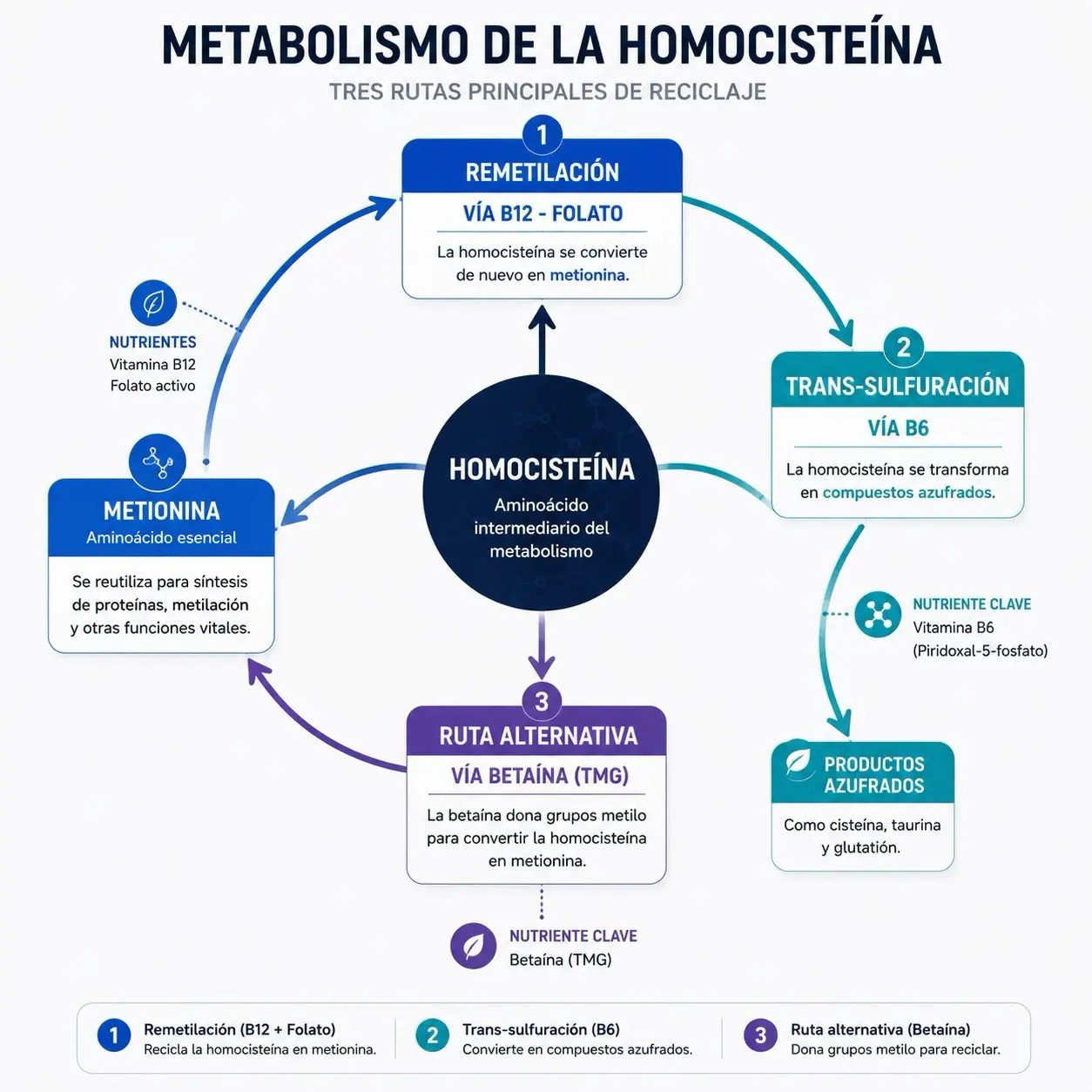 Diagrama circular de homocisteina con rutas metabolicas B12 folato hacia metionina, B6 hacia trans sulfuracion y TMG como ruta alternativa