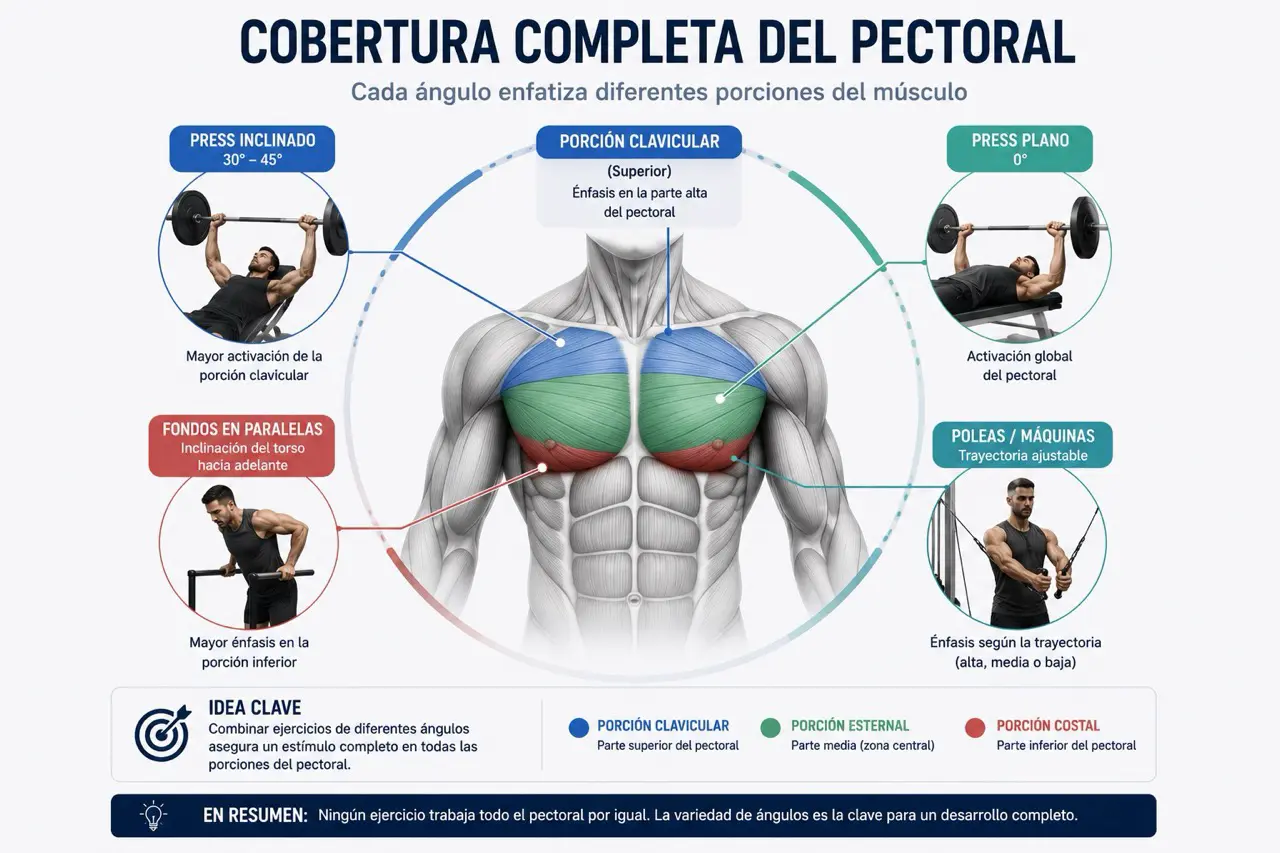 Mapa anatomico del pectoral con press inclinado para porcion clavicular, press plano para activacion global, fondos para region inferior y poleas segun trayectoria