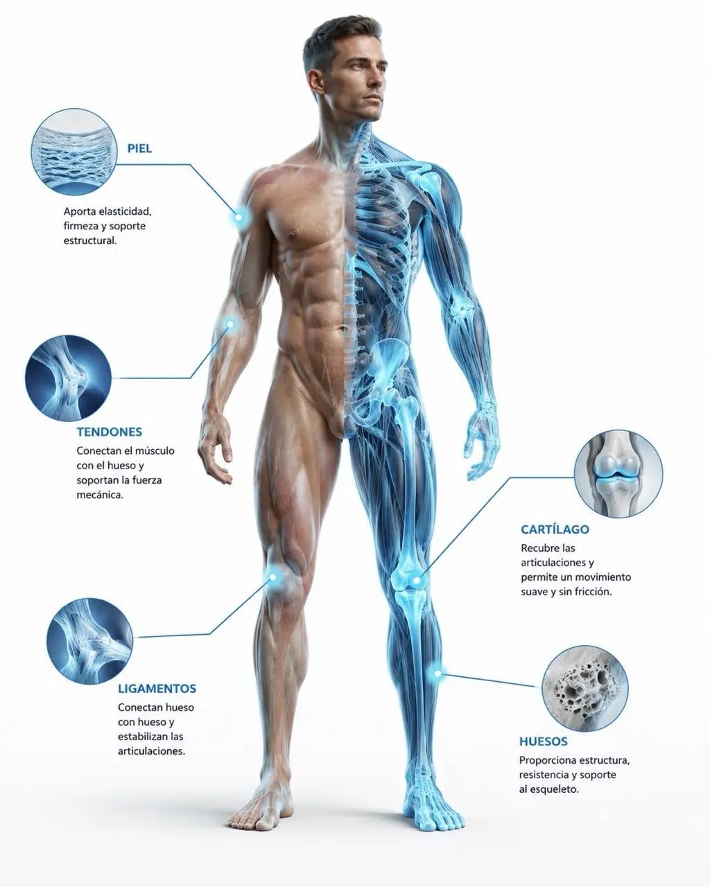 Ilustracion anatomica que muestra el colageno en piel, tendones, ligamentos, cartilago y huesos