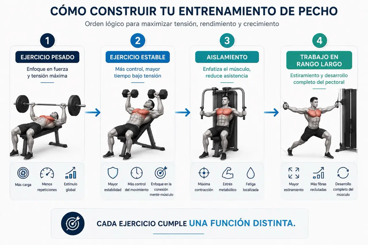 Infografia de programacion para construir una rutina de pecho con ejercicio pesado, ejercicio estable, aislamiento y trabajo en rango largo