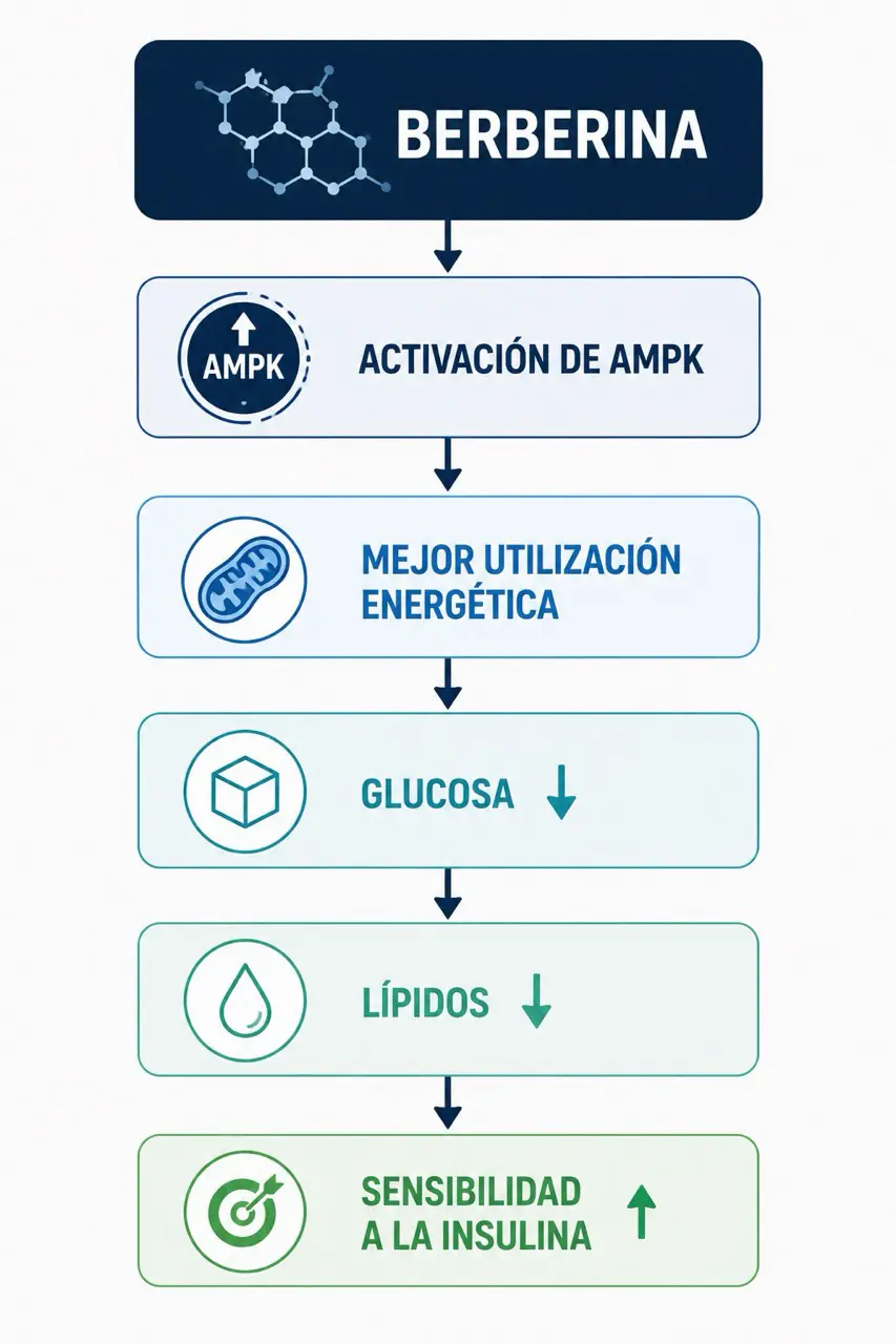 Diagrama de flujo del mecanismo de accion de la berberina con activacion de AMPK, utilizacion energetica, glucosa, lipidos y sensibilidad a la insulina
