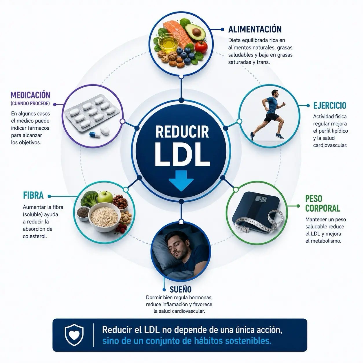 Infografia radial para reducir LDL con alimentacion, ejercicio, peso corporal, sueño, fibra y medicacion cuando procede
