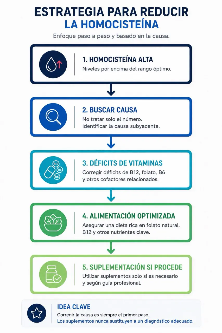 Diagrama de flujo para bajar homocisteina alta buscando causa, deficit de vitaminas, alimentacion y suplementacion si procede