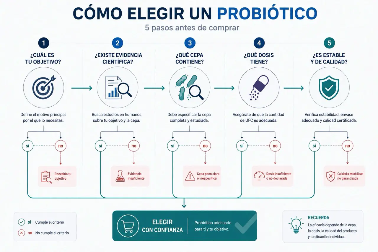 Arbol de decision para elegir un probiotico segun objetivo, evidencia disponible, cepa, dosis, viabilidad y estabilidad del producto