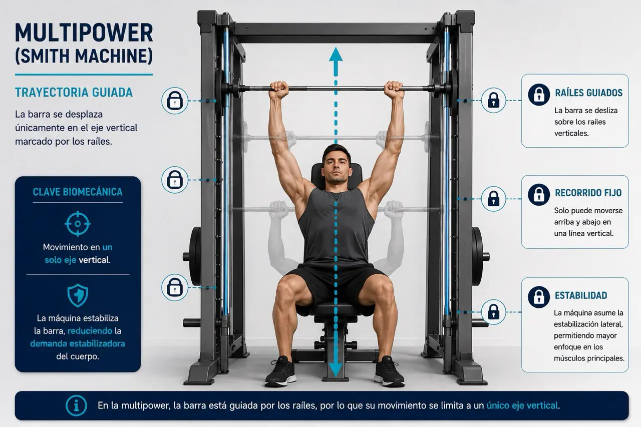 Diagrama tecnico de la multipower con barra guiada sobre railes, linea vertical, candados laterales y flechas arriba y abajo
