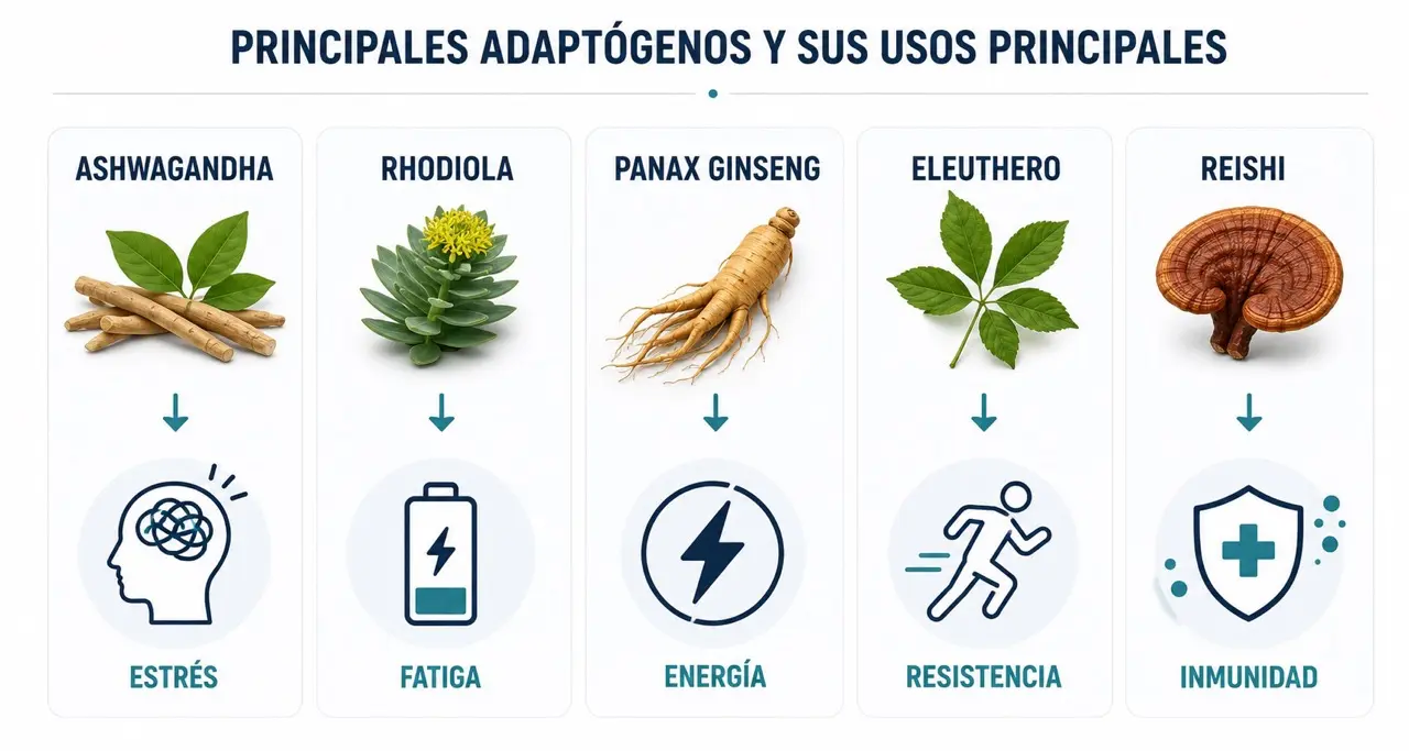 Comparativa en columnas de adaptogenos con ashwagandha para estres, rhodiola para fatiga, panax ginseng para energia, eleuthero para resistencia y reishi para inmunidad