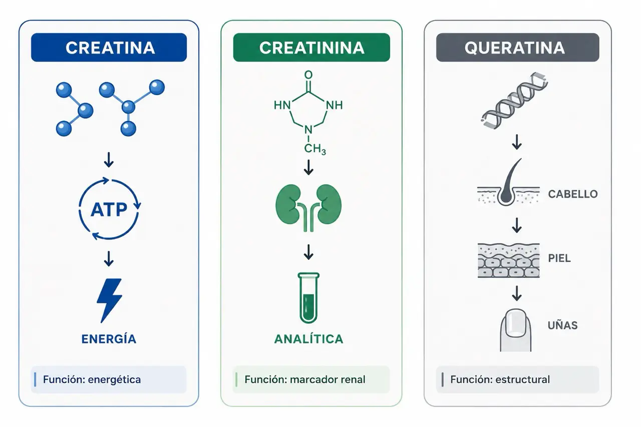 Comparativa visual de creatina, creatinina y queratina mostrando que son sustancias distintas relacionadas con ATP, riñon, analitica, cabello, piel y uñas