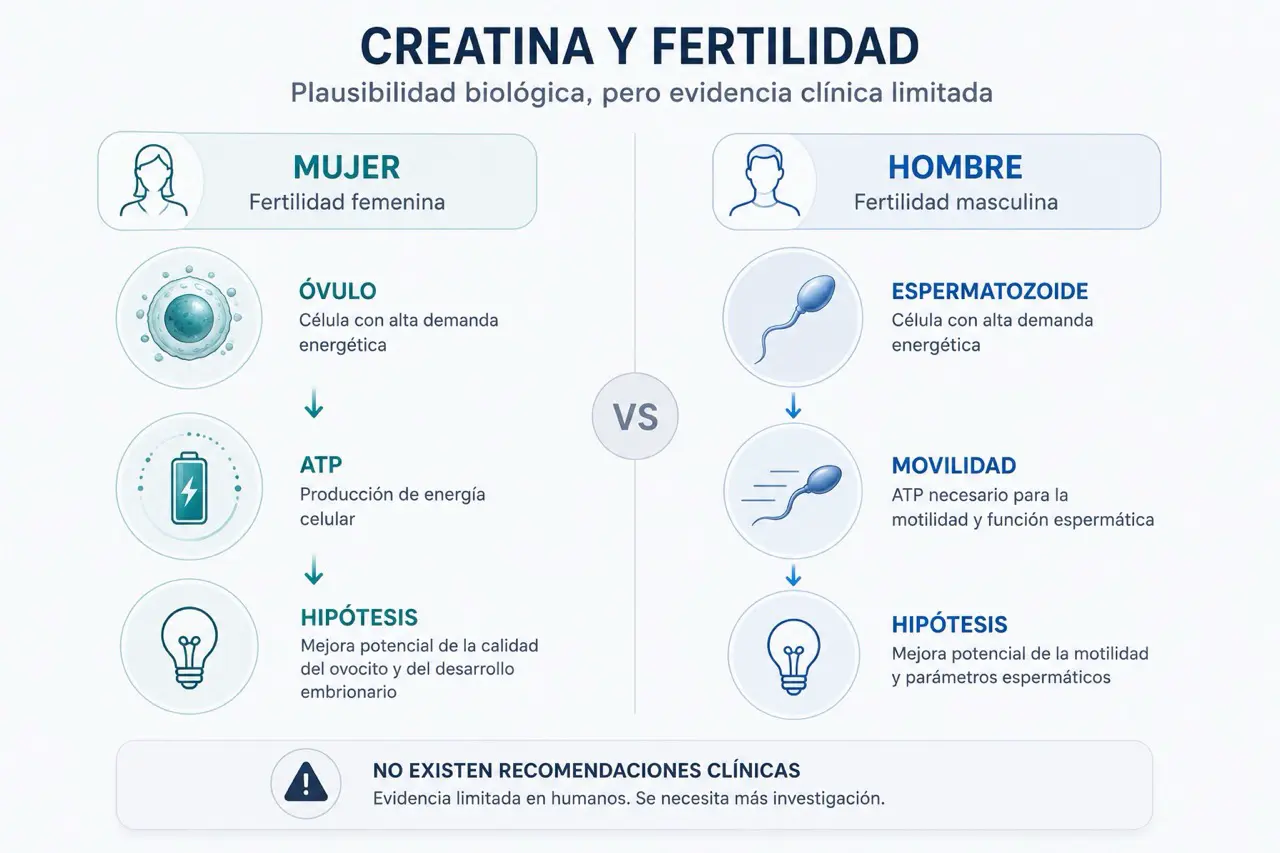 Infografia comparativa de creatina y fertilidad femenina y masculina con ovulo, ATP, espermatozoide, movilidad e hipotesis biologica sin recomendaciones clinicas