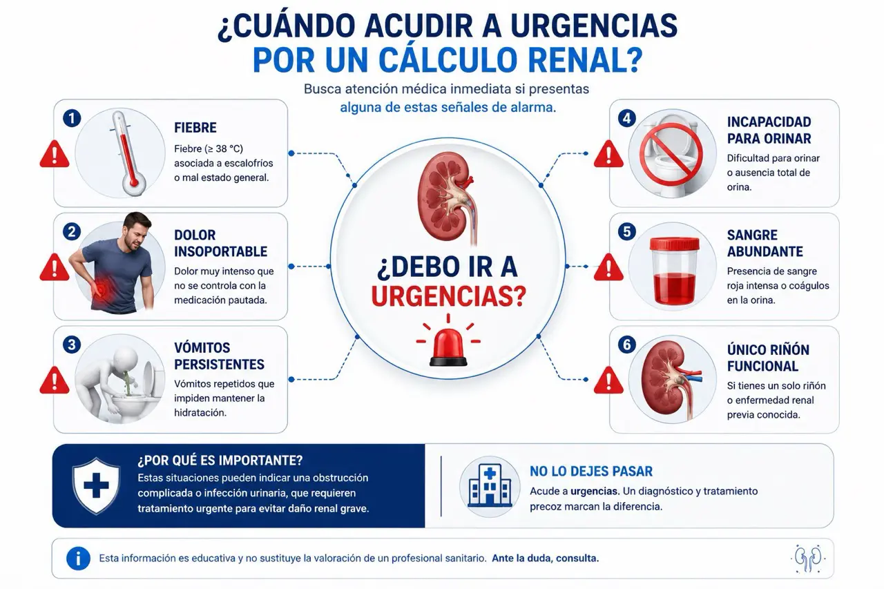 Infografia de señales de alarma para acudir a urgencias por calculo renal: fiebre, dolor insoportable, vomitos persistentes, incapacidad para orinar, sangre abundante y unico riñon funcional