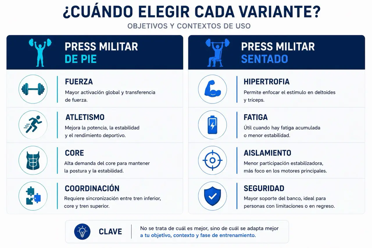 Tabla visual para elegir press militar de pie o sentado segun fuerza, atletismo, core, coordinacion, hipertrofia, fatiga, aislamiento y seguridad