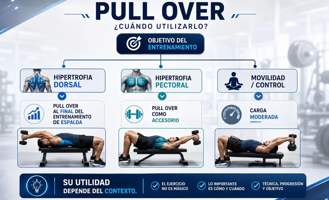 Diagrama de flujo de programacion del pull over segun objetivo de entrenamiento: hipertrofia dorsal, hipertrofia pectoral o movilidad y control