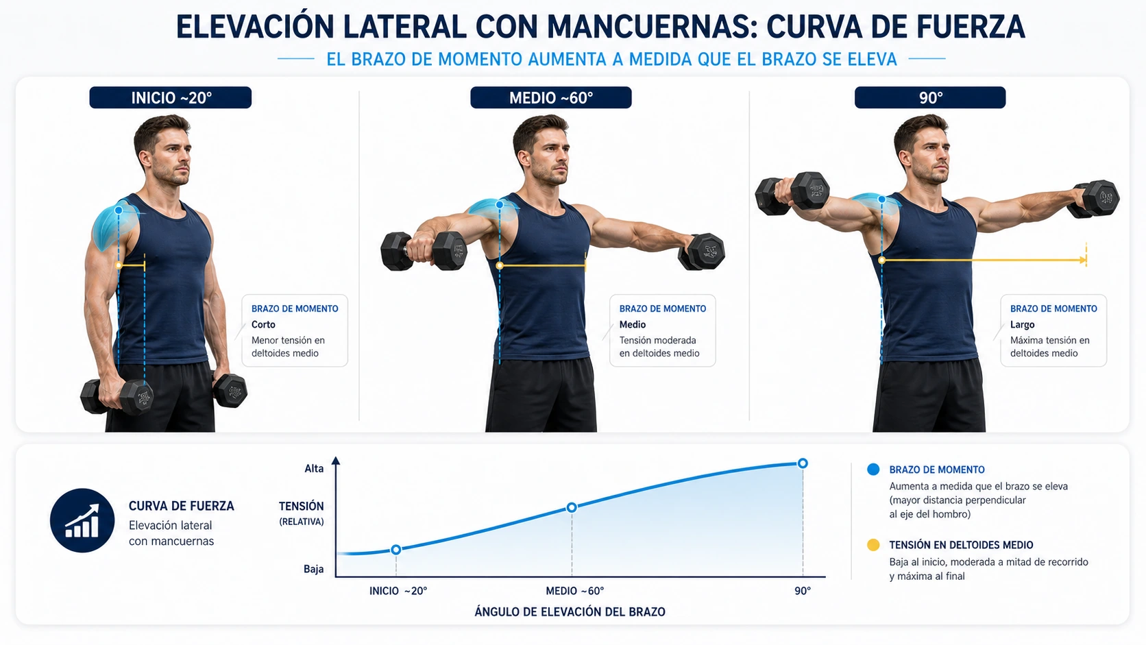 Imagen editorial sobre curva fuerza elevaciones laterales mancuernas