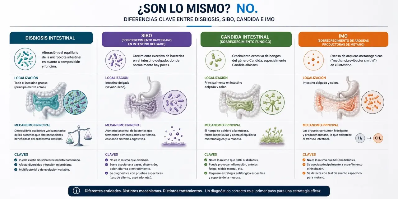 Comparativa clinica entre disbiosis, SIBO, IMO y Candida con localizacion intestinal, mecanismo y representacion anatomica de cada condicion