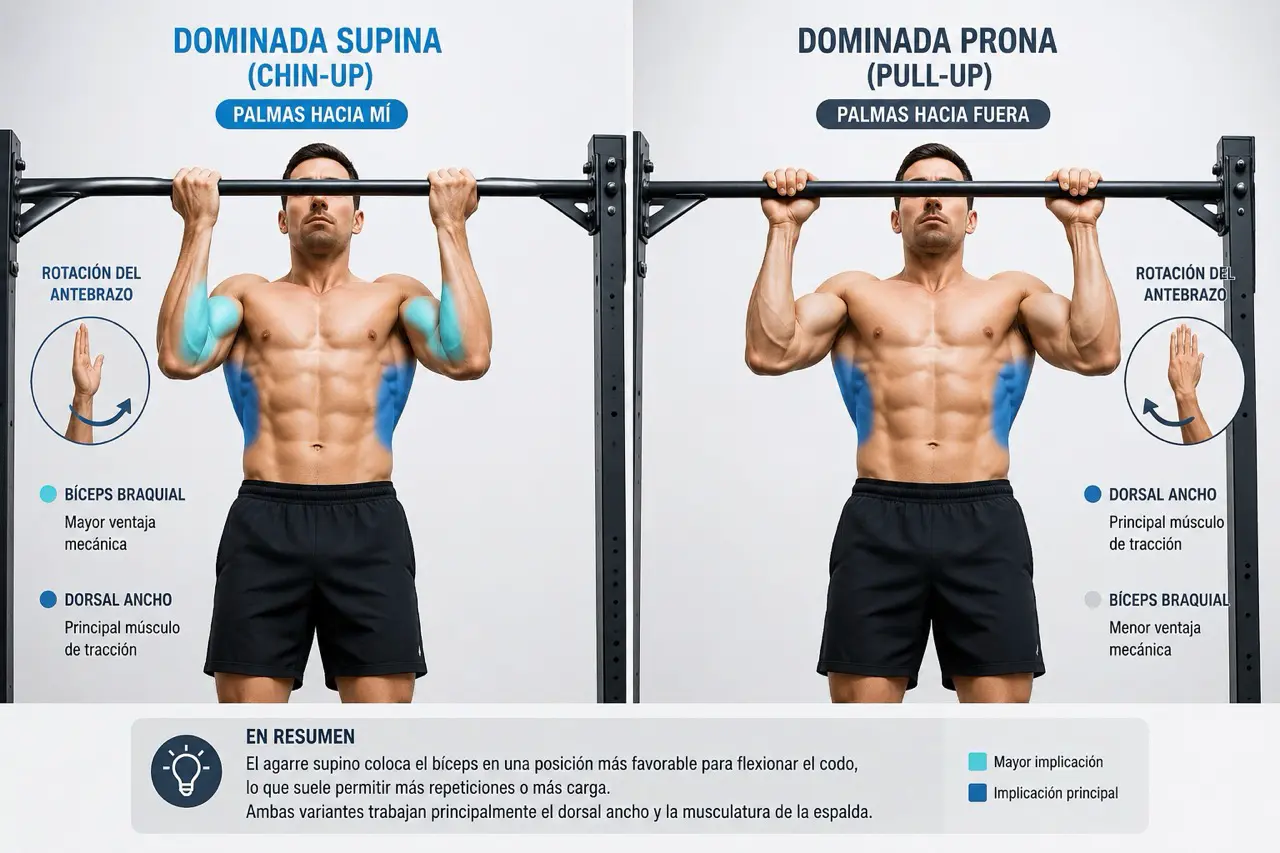 Comparativa visual entre dominada supina y dominada prona mostrando la diferencia de agarre, posicion del antebrazo, biceps y dorsal ancho