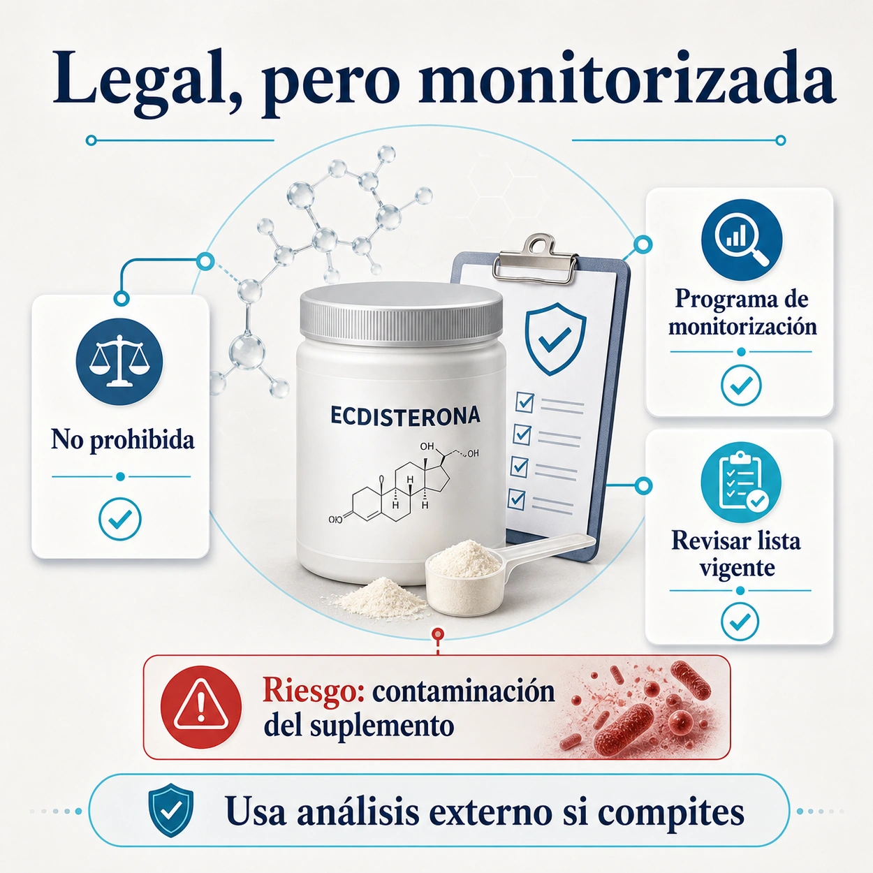 Infografía sobre estatus legal de la ecdisterona monitorización WADA y riesgo de contaminación del suplemento