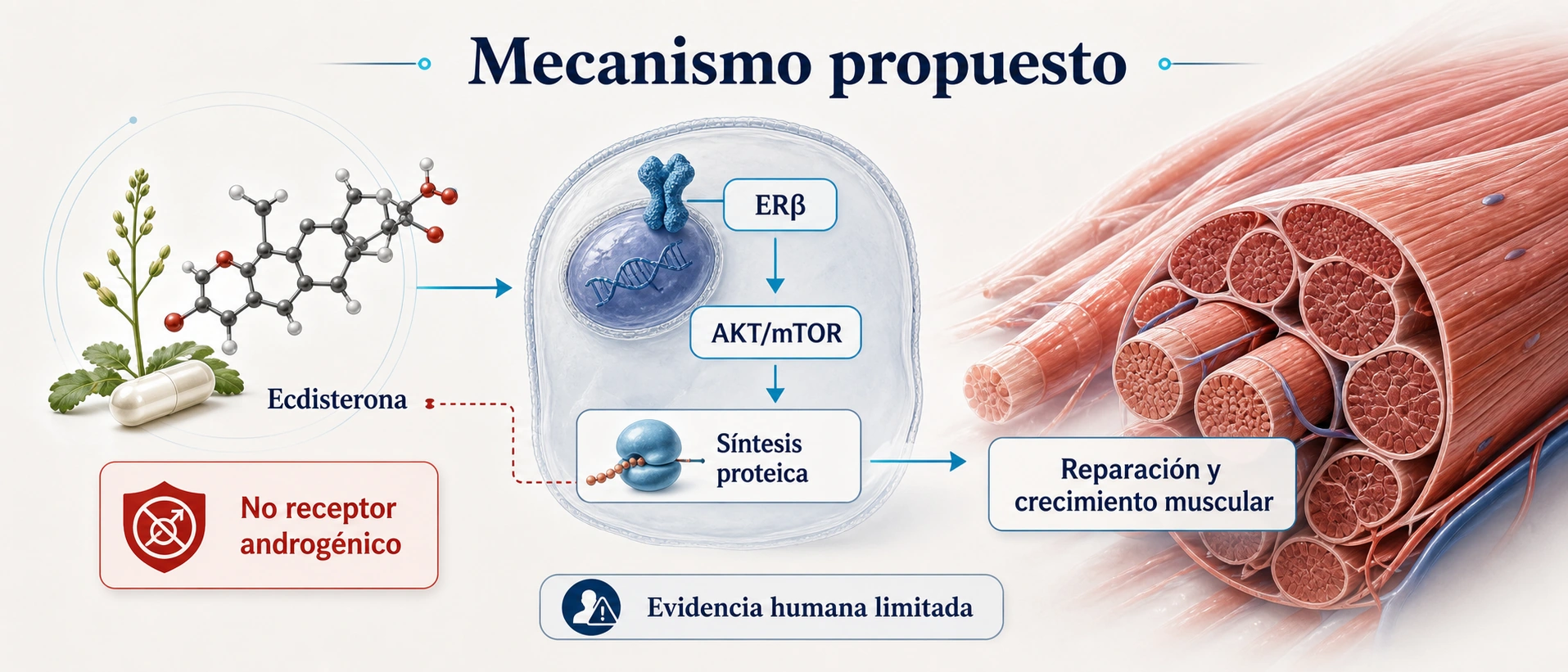 Infografía del mecanismo propuesto de la ecdisterona mediante ER beta AKT mTOR y síntesis proteica