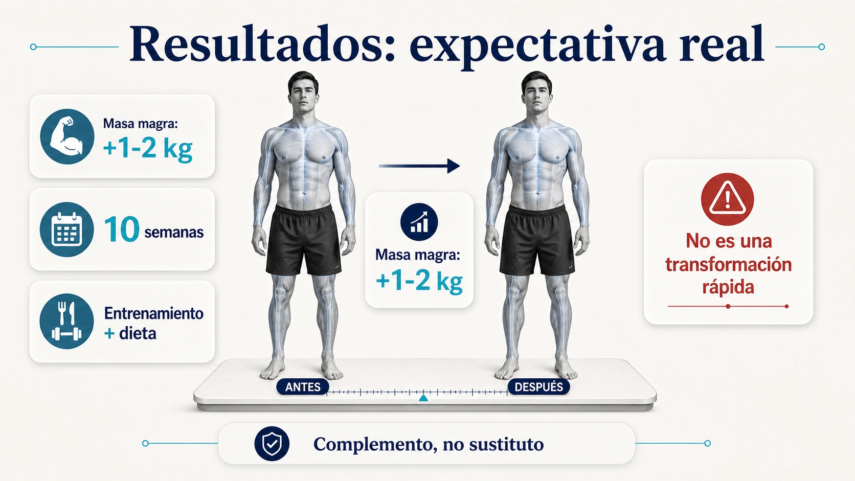 Infografía de expectativa real de resultados de la ecdisterona en masa magra con entrenamiento y dieta