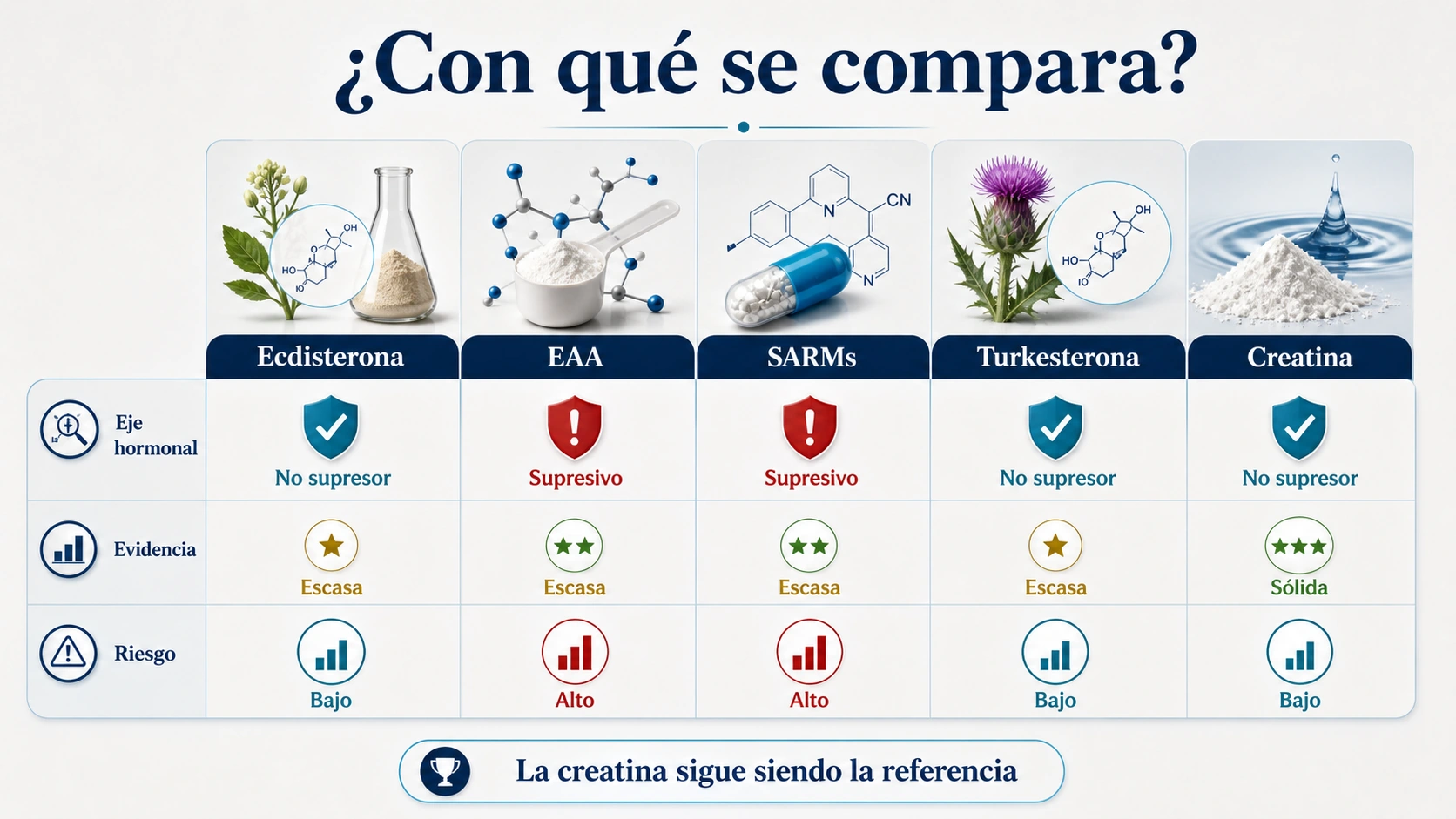 Comparativa entre ecdisterona esteroides SARMs turkesterona y creatina según eje hormonal evidencia y riesgo