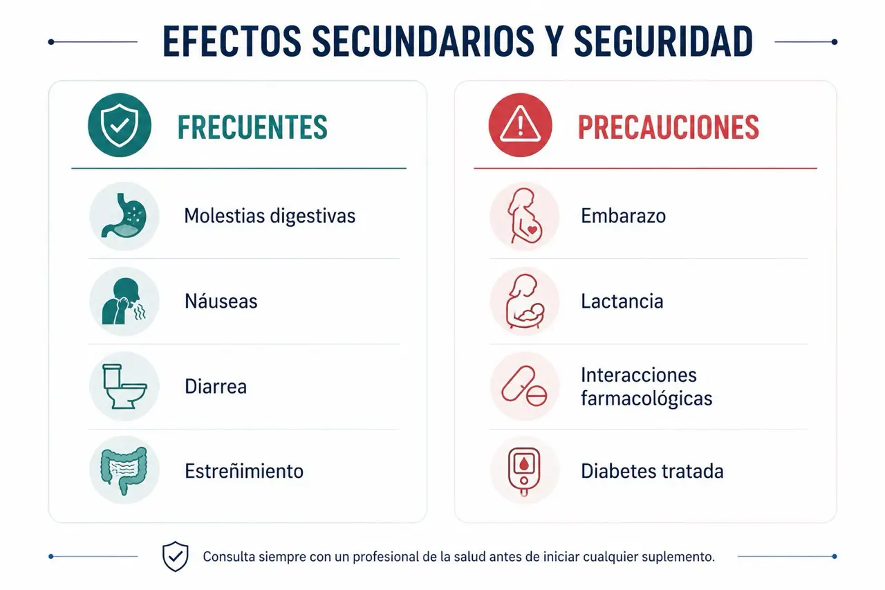 Comparativa visual de efectos secundarios frecuentes y precauciones de la berberina, incluyendo molestias digestivas, nauseas, diarrea, embarazo, lactancia e interacciones farmacologicas