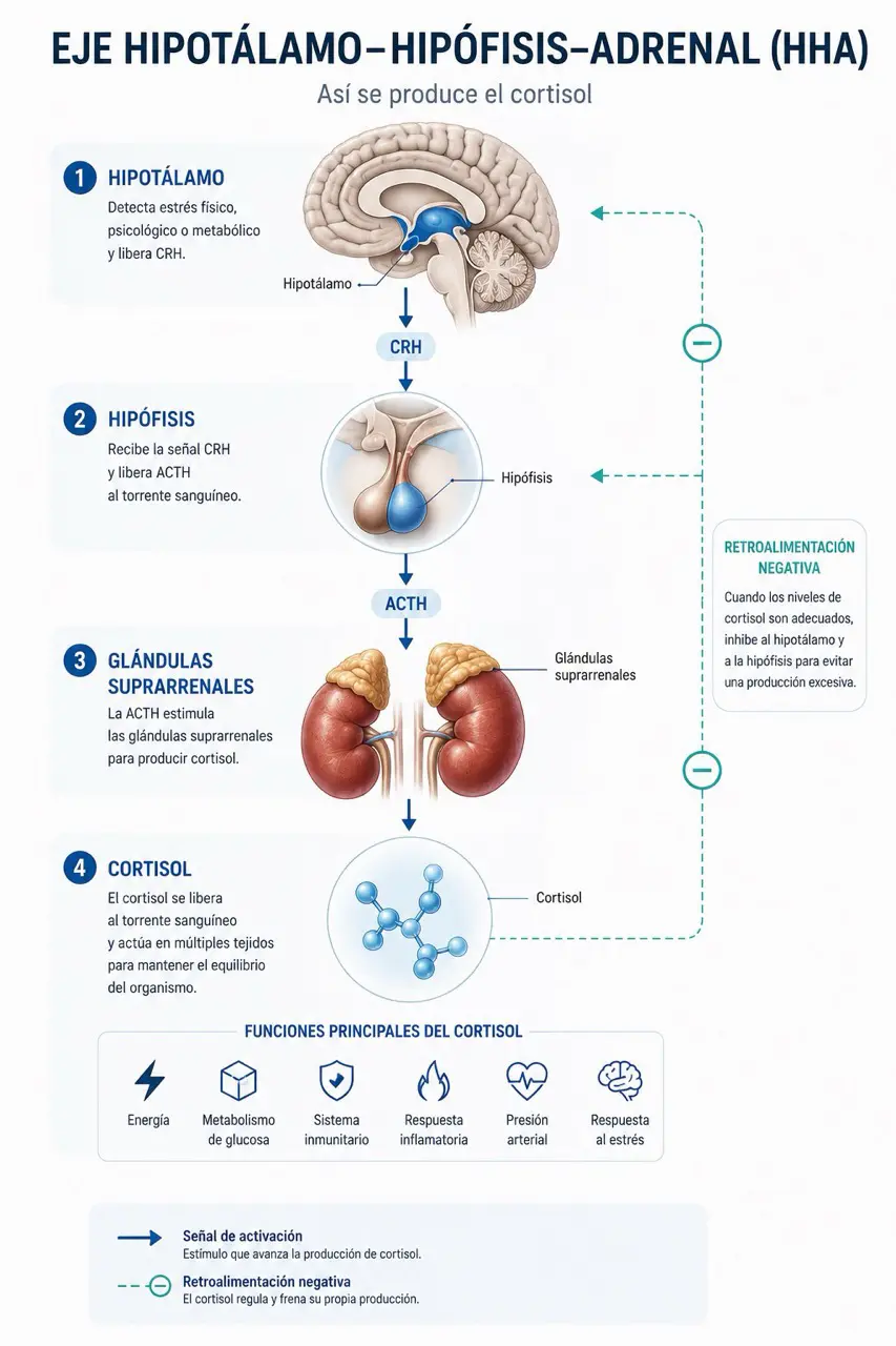 Diagrama fisiologico del eje hipotalamo hipofisis adrenal con flujo desde cerebro a glandulas suprarrenales, produccion de cortisol y retroalimentacion negativa
