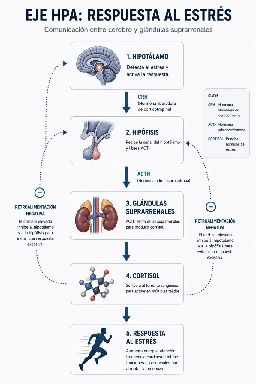 Diagrama fisiologico del eje HPA con hipotalamo, hipofisis, suprarrenales, cortisol y respuesta al estres con retroalimentacion