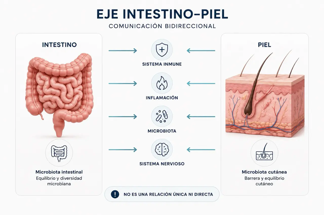 Diagrama editorial del eje intestino-piel con intestino, piel y conexiones por sistema inmune, inflamacion, microbiota y sistema nervioso