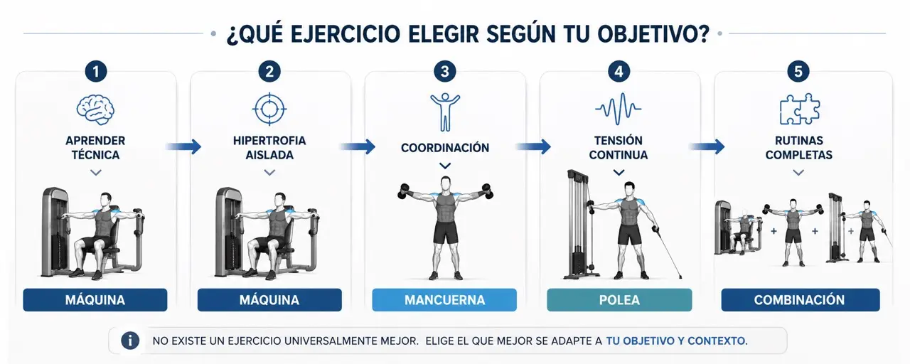 Infografía horizontal para elegir máquina mancuerna polea o combinación según objetivo