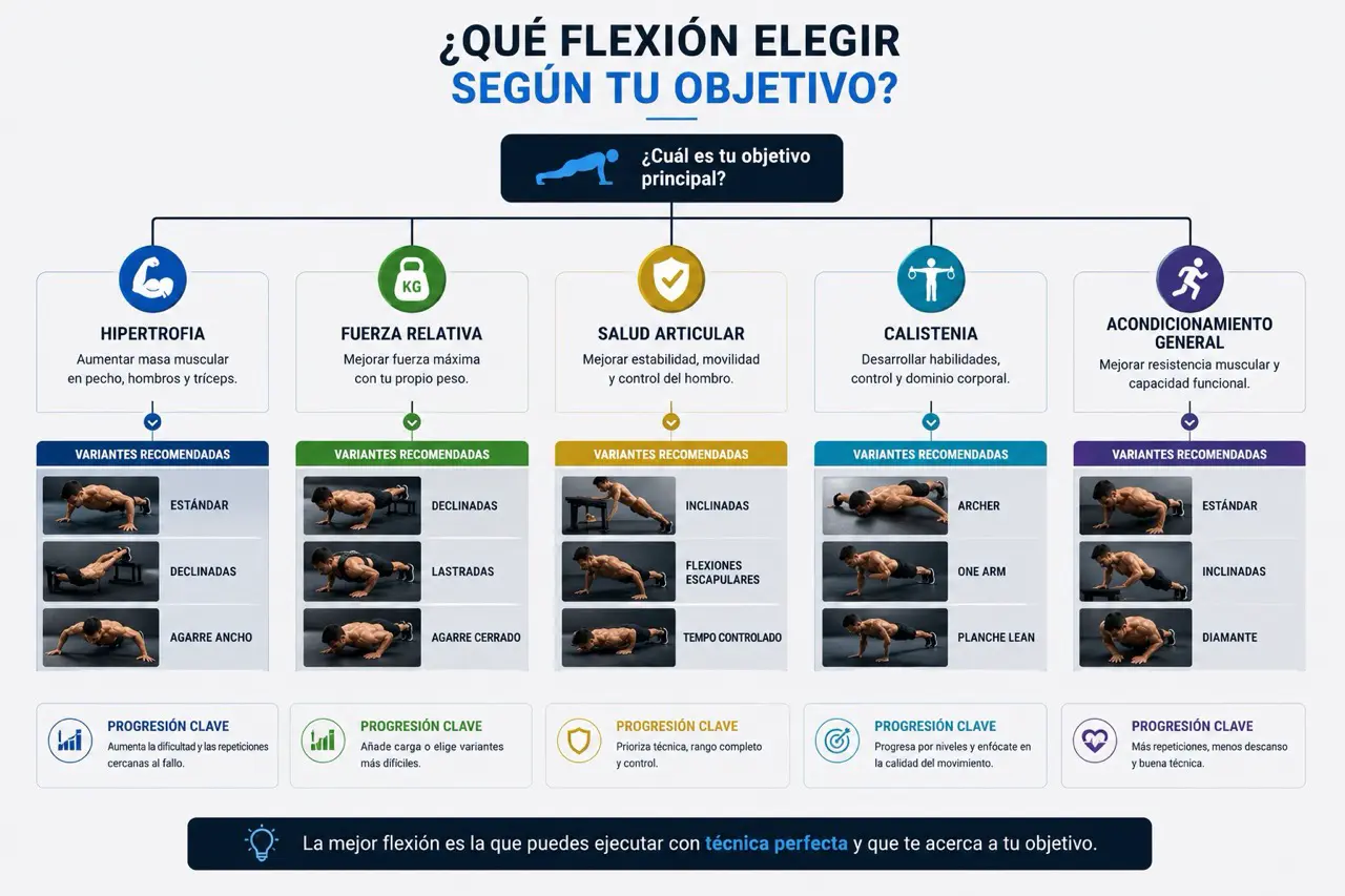 Arbol de decision para elegir el tipo de flexion segun objetivo: hipertrofia, fuerza relativa, salud articular, calistenia y variante recomendada