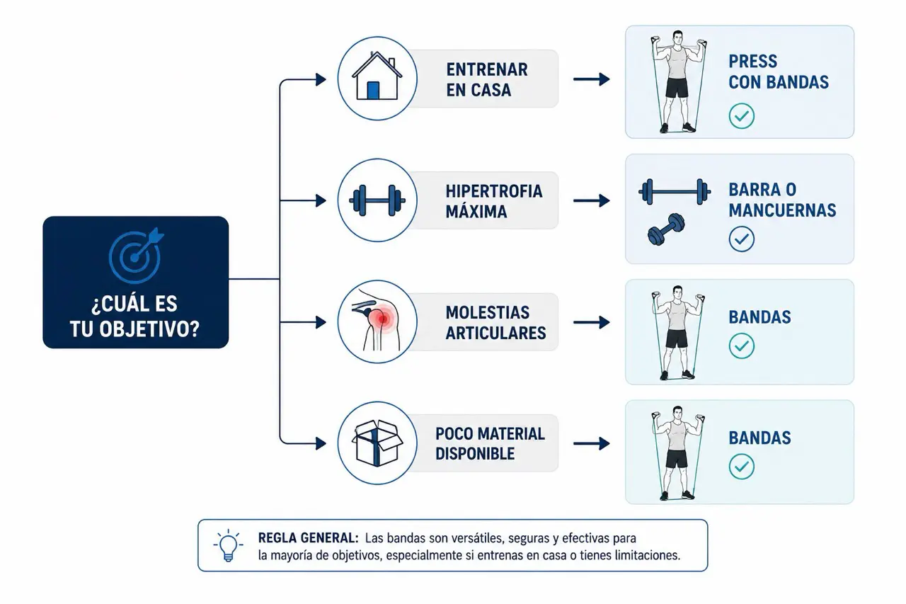 Arbol de decision para elegir press militar con bandas, barra o mancuernas segun objetivo, entrenamiento en casa, hipertrofia, molestias articulares o poco material
