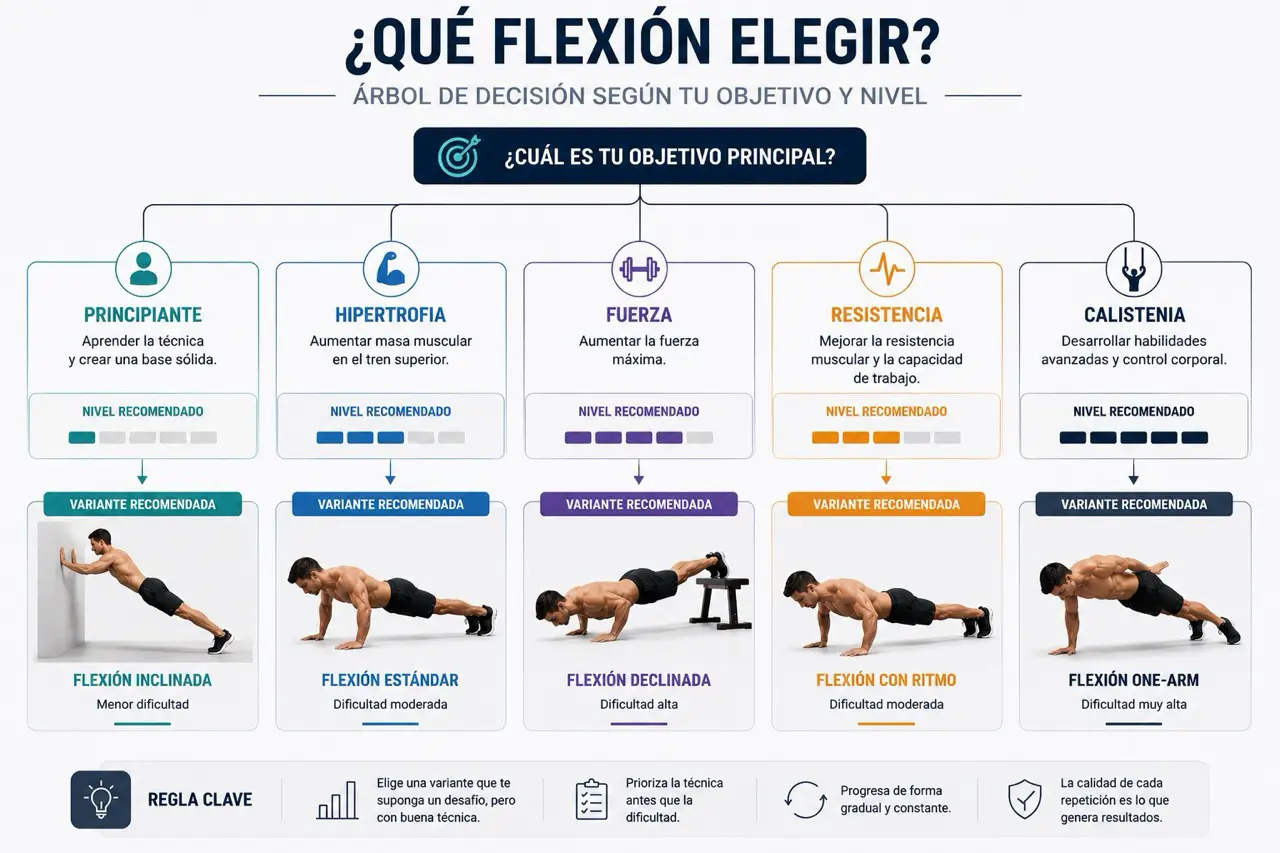 Arbol de decision para elegir el tipo de flexion segun objetivo y nivel: principiante, hipertrofia, fuerza, resistencia o calistenia
