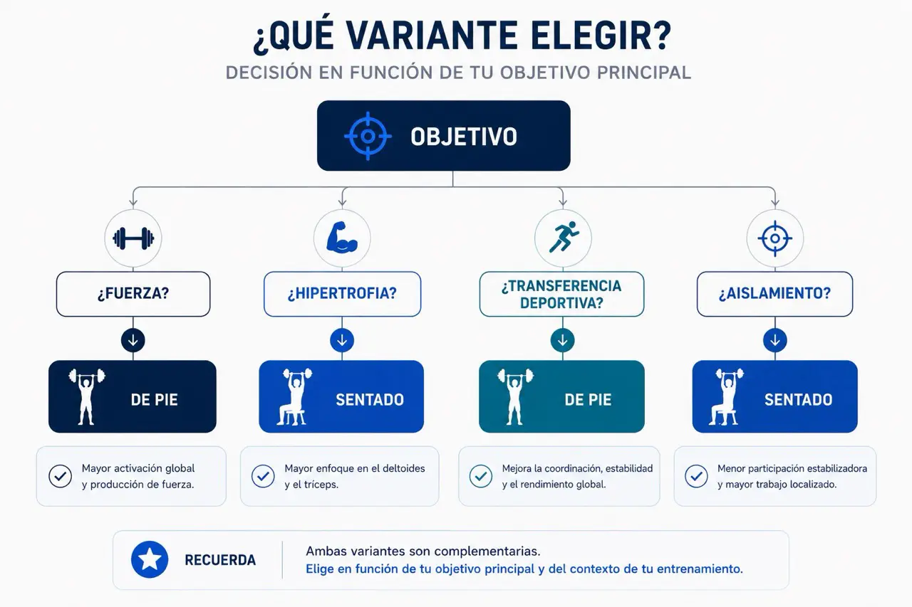 Arbol de decision para elegir press militar de pie o sentado segun fuerza, hipertrofia, transferencia deportiva o aislamiento