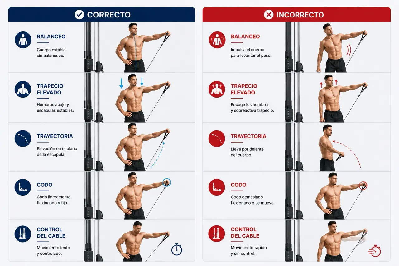 Comparativa de técnica correcta e incorrecta en elevaciones laterales en polea