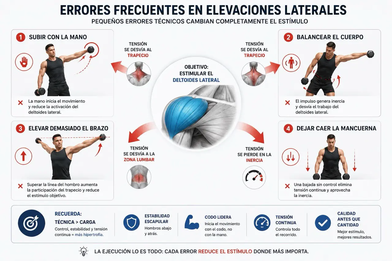 Infografía de errores frecuentes en elevaciones laterales con mancuernas