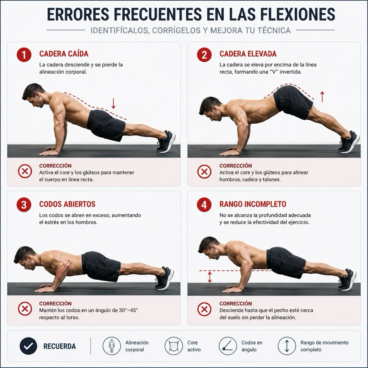 Comparativa tecnica de errores frecuentes en flexiones: cadera caida, cadera elevada, codos abiertos y recorrido incompleto