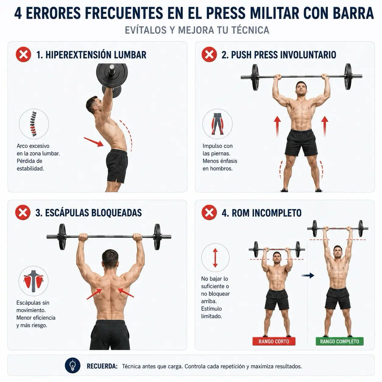 Grid visual de errores frecuentes en press militar con barra: hiperextension lumbar, push press involuntario, escapulas bloqueadas y ROM incompleto